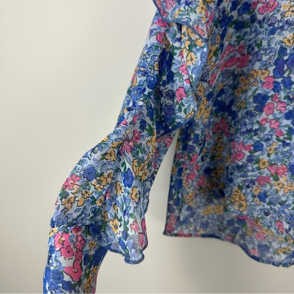 Zara | Blue Multicolor Ruffle Tie Neck Floral Blouse Size Large - Picture 3 of 6